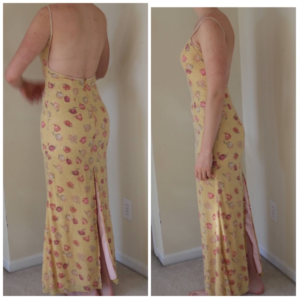 Vintage 90’s Y2K 100% Silk Dress Silk Slip Dress Backless Floral Prom Beaded - Picture 5 of 17